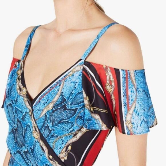 INC Snake Chain Belt Print Off Shoulder Midi Dress Fairy Hem Flounce Trim 2 - Picture 6 of 10